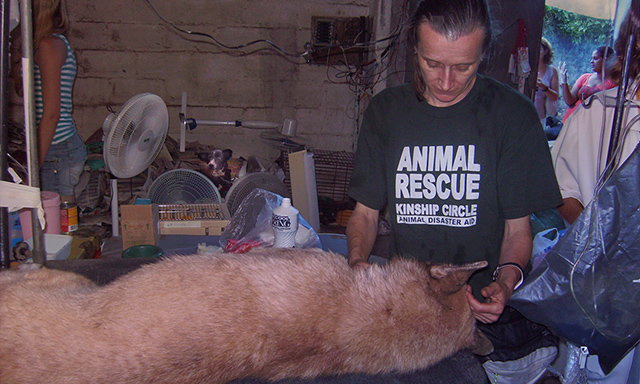 Cheri with hurt dog on exam table, Kinship Circle